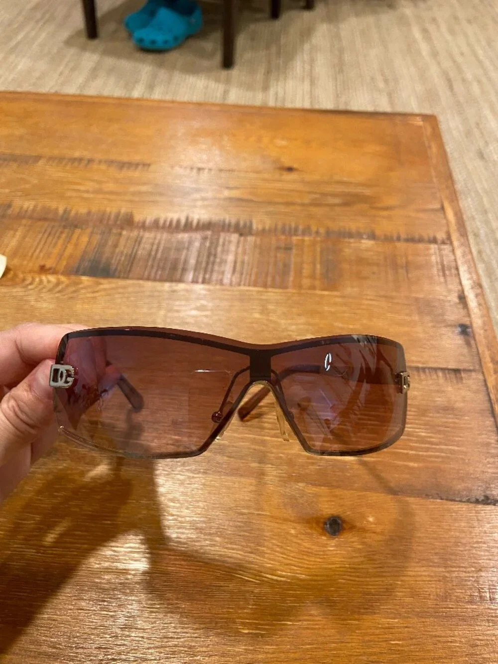 Dolce & Gabbana D&G Y2K Rimless Shield Sunglasses Gold Logo Brown Gradient